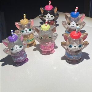 Soda Glitter Cat Drink Figure Set in Purple Pink Blue Red Yellow Brown